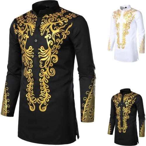 Mens Ethnic Printed Long Sleeve Top Long Pullovers Clothes Men Fashion Africa Clothing Africaine Style Robe Shirts