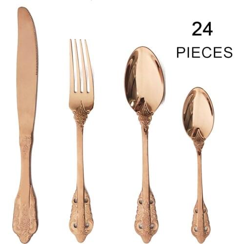 24Pcs/Set Rose Dinnerware Set Black Tableware Set 304 Stainless Steel Dinner Set Knife Fork Spoon Flatware Mirror Cutlery Set