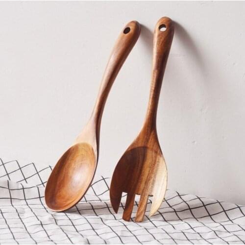 Natural Wood Tableware Spoon Fork Long Handle Cooking Spoons Salad Serving Wooden Utensils Kitchen Tool Set