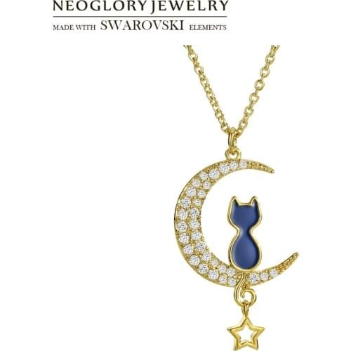 Neoglory Zircon & Enamel Pendant Charm Necklace Exquisite Cute Cat With Moon Design Daily Trendy Classic Holiday Gift