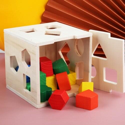 New Chlidren Wooden Vertical Building Blocks 15 Hole Geometric Shape Matching Intelligence Box Baby Kids Early Educational Toy