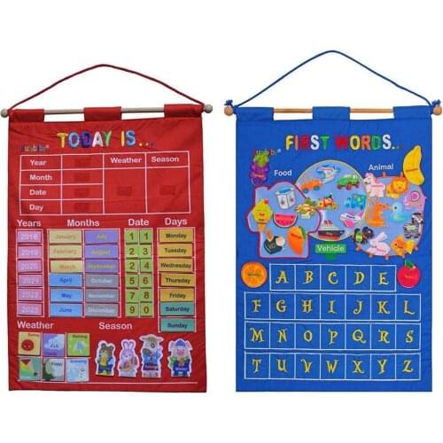 Kindergarten Educational Toy Cloth Learning English Alphabet Weather Date Season Calendar Teaching Tool Pocket Hanging Bag