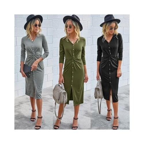 2021 Autumn Fashion Single Breasted V-neck Loose Comfortable Street Leisure Solid Color Knitting Dress Front Split Long Sleeves