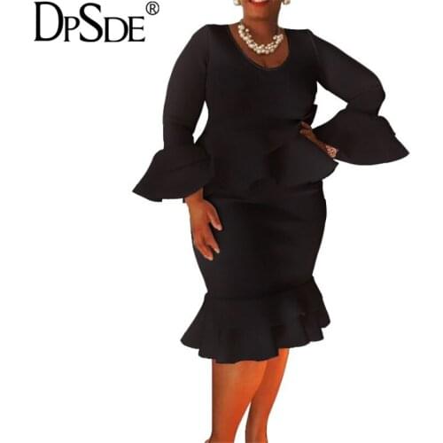 DPSDE Autumn Black Bandage Knee-Length Dress For Women Falbala O-Neck Full Sleeve Dress Show Thin New 2020 Casual Bodycon Dress