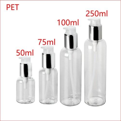 50/75/100/250ML Clear PET empty plastic bottle w silver lotion pump makeup container cosmetic skin care Refillable Bottles