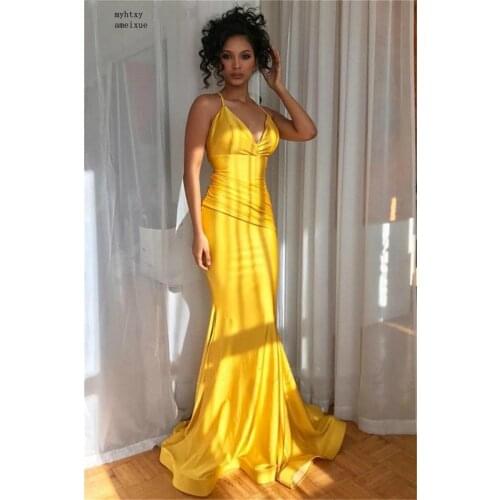 China Yellow V-Neck Spaghetti Straps Mermaid Silk Satin Evening Dresses Sleeveless Zipper Back Sweep Train Evening Gowns
