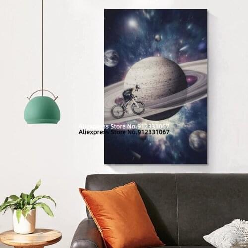 Space Vibes Cycling On Saturn Poster Decorative Painting Canvas Fantasy art Wall Art Living Room Posters Bedroom Painting