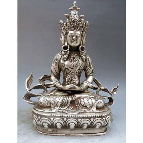 8" China Tibet hand-made silver carved fine four face Buddha sculpture Statue