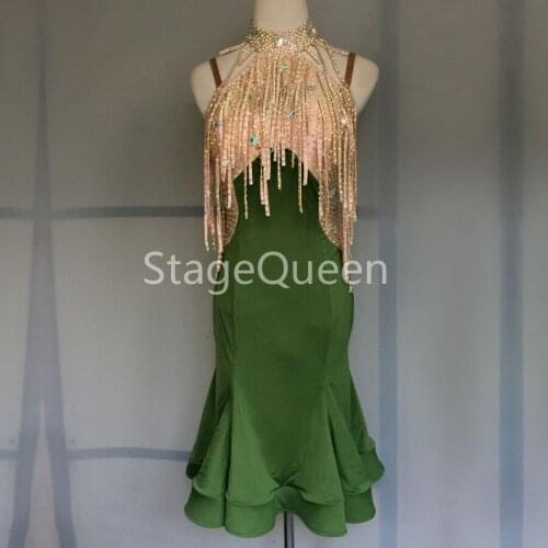 Customed Green Latin Dance Dress Women Competition Performance Costume Fringed Skirt Sexy Rhinestones Latin Dancewear For Girls