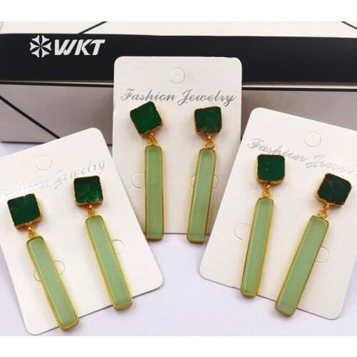 WT-E420 wholesale natural stone earrings women green long bar earrings jewelry with square stud classic style about 6*35mm