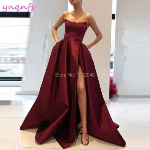 YNQNFS P52 Sexy High Slit Sleeveless A-line Satin Simple Wine Red Prom Dresses Long 2019