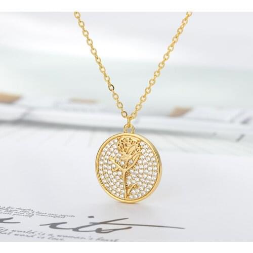 Cubic Zirconia Round Coin Pendant Necklace For Women Gold Filled Fashion Geometric Rose Flower Engraved Eedding Korean Jewelry