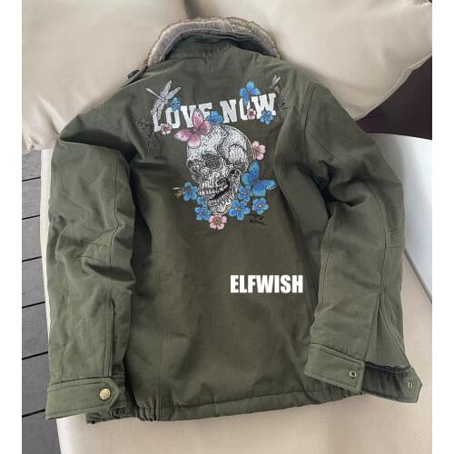 Womens 2022 Winter Jackets Dead Head Embroideried Detachable Collar Fur Lining Parka Zipper Pockets Puffer Coats Sale