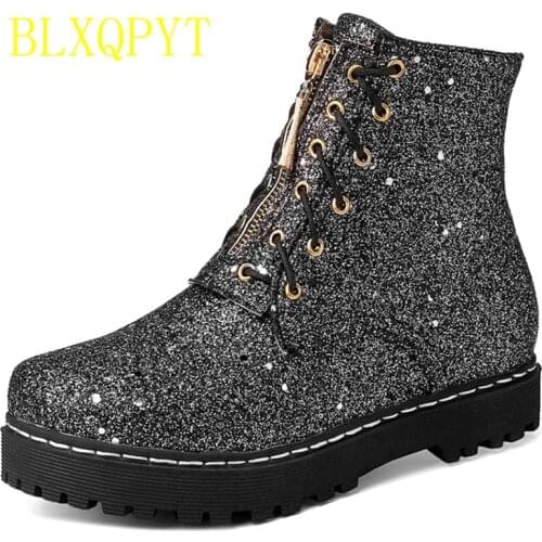 BLXQPYT Women Winter SUPER BIG Size 30-52 New Round Toe Buckle Boots Sexy Ankle Heels 8cm Fashion Shoes Casual Zip Snow HQ3020