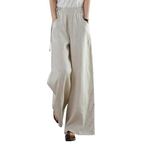 NYFS 20201 New Spring Summer Women Elastic Pants Cotton Linen Loose Pants Wide Leg Pants