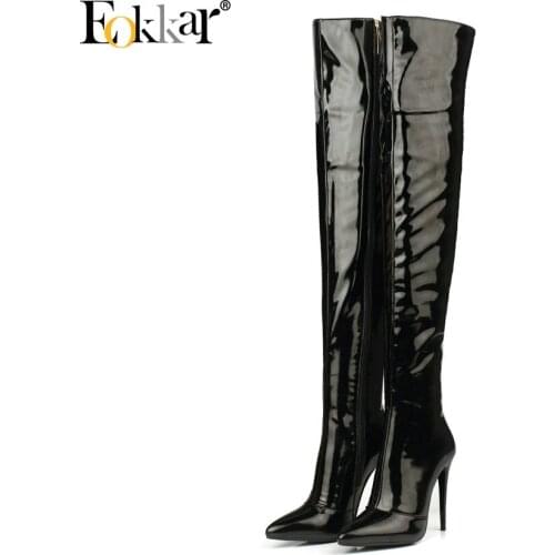 Eokkar 2020 Women Over The Knee High Boots Patent Leather Pointed Toe Super Thin High Heel Zipper Ladies Boots Plush Size 34-43