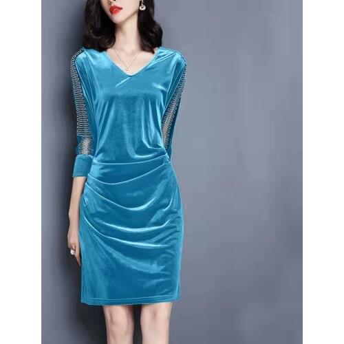 Plus Size 3XL Autumn Dress Womens Temperament Slim V-neck Retro Gold Velvet Package Hip Bodycon Dress Knee Length Dresses