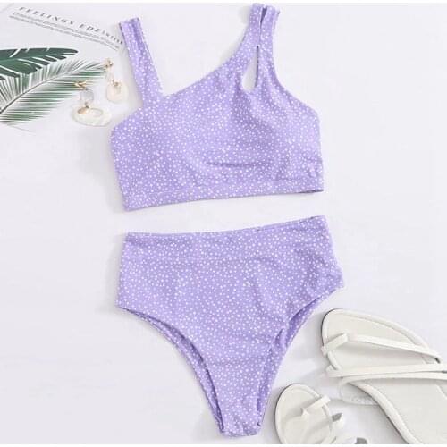 Womens Print Bikini 2-Piece Sexy High Waist Split Swimsuit Purple