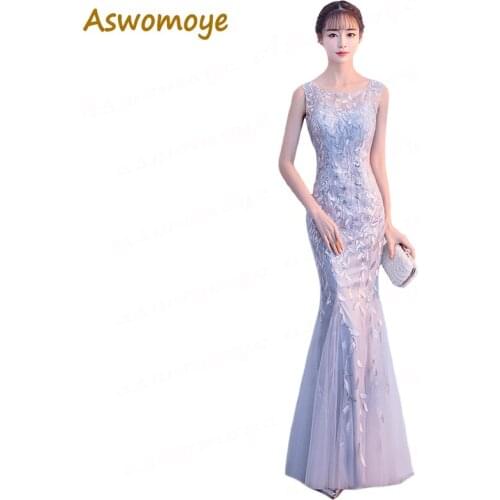 Aswomoye Women Mermaid Silver Evening Dress 2018 Elegant Appliques Sequin Party Dress Illusion O-Neck Prom Dress Robe De Soiree