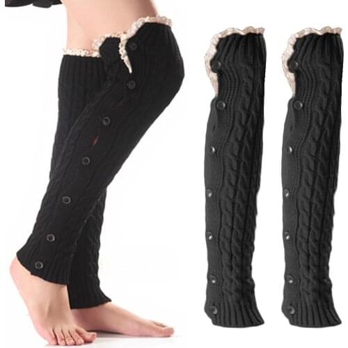 1 Pair Fashion Women Cotton Kniting Leg Warmer socks Crochet Legging Button Warmer Female Foot Lace Winter Knit A0A5