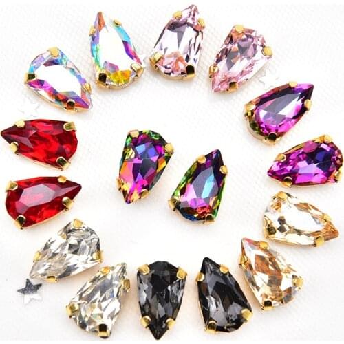 10pcs/pack 9*14mm K9 Rhinestones Shield Shape Strass Crystal Gold Base Sew On Claw Wedding Decoration Diy Clothing Accessories