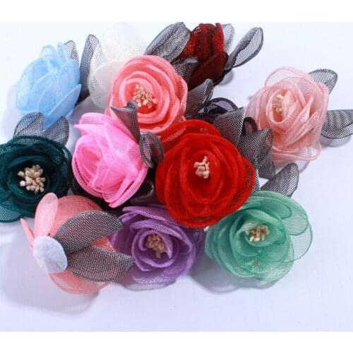 50 Pcs/Lot,Hot Sell Mesh 5CM Fashion Burned Satin Fabric Flowers With Stamen Silk Flower With Leaf Head Wear Cloth Accessories
