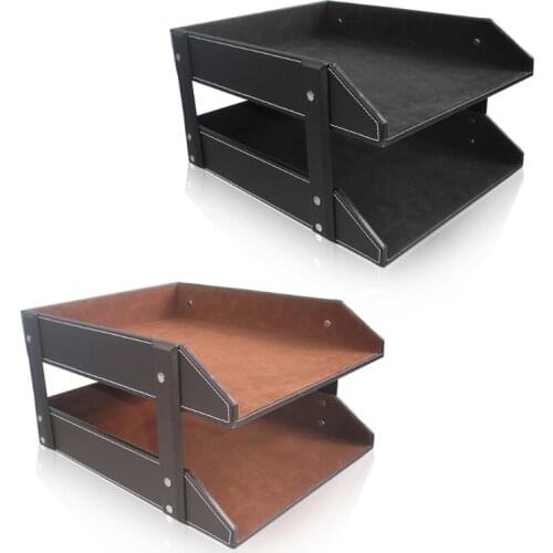 A4 Document File Organizer Tray Double Layers Desk PU Leather Paper Holder Magazine Rack Storage Holder for Home School Office