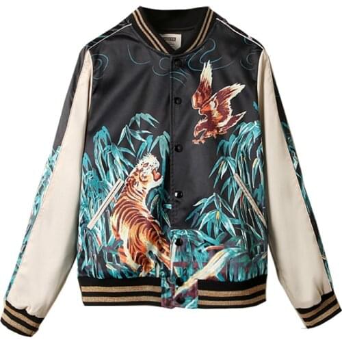 Unisex Slim Tiger Eagle Mens Baseball Jacket Like Silk Yokosuka Souvenir Sukajan Streetwear Autumn Outwear for Girls Coat