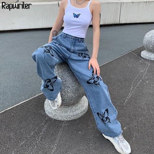 Rapwriter Butterfly Print High Waist Pants Loose Jeans Vintage Streetwear Full-Length Harajuku Straight Trouser Demin Y2k Pants