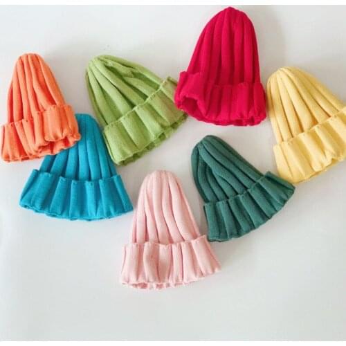 Children‘s knitted cute hat Pure color simple vertical striped baby wool hat boy and girl Autumn And Winter
