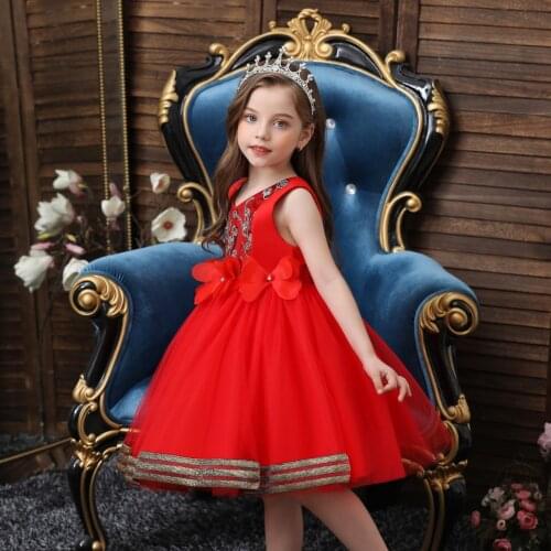 European style kids girl evening dress Bright flower girl wedding dress for 10 Y Fluffy girl red Birthday party Dress