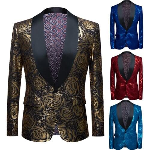 Elegant Fashion Black Gold Blue Rose Floral Men Suit Smoking Tuxedo Jacket Wedding Suits For Men Best Man Blazer
