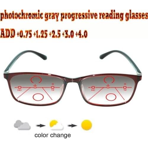 Photochromic Gray Progressive Multifocal Reading Glasses Ladies Woem Ultralight Red Frame+1.0 +1.5 +1.75 +2.0 +2.5 +3 +3.5 +4