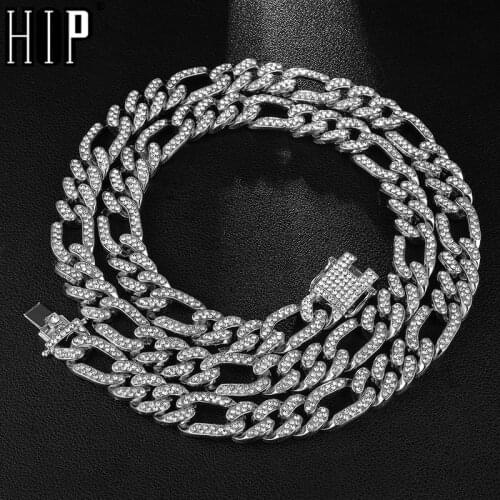 Iced Out Figaro Cuban Necklace Chain Hip hop Jewelry Choker Gold Silver Color Rhinestone CZ Clasp for Mens Rapper Necklaces Link