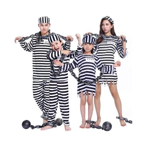 CarnivalHalloween Prisoner Costume for Men Women Kids Child boy girl Violent Striped lovers prisoner clothes Male prison uniform