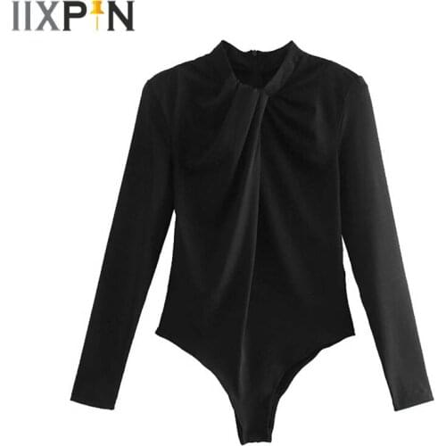 Elegant Women Jumpsuits Fashion Pleated O Neck Bodysuits Office Ladies Autumn Solid Shoulder Padded Back Zipper Romper Tops Chic