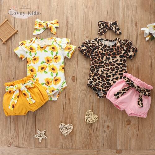 2020 Summer Toddler Infant Baby Girl Outfit 0-12M Sunflower Leopard Floral Print 3PCS Ruffle Short Sleeve Top Shorts Headband