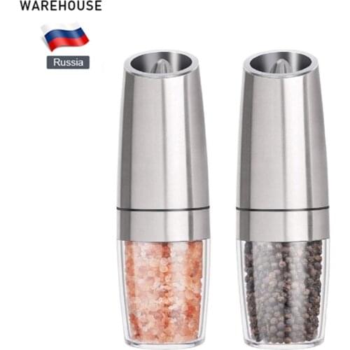 Hot Sale 2Pcs Pepper Mill Gravity Electric Salt grinder kitchen Automatic Pepper Grinder Battery Powered with Blue LED Light