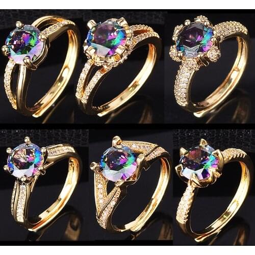 QTT Fashion Design Luxury 18K Yellow Gold Color Ladies Ring Mystic Crystal Zircon Opening Ring Vintage Party Rings for Women