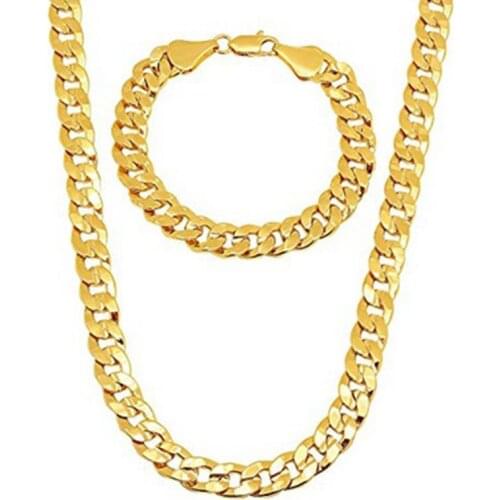 Jewelry Set Flat Curb Chain Yellow Gold Filled Solid Mens Necklace+Bracelet Set (24 inches,8.6 inches)