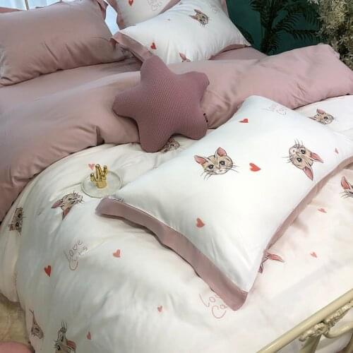 2021 new satin silk cartoon cat pattern bedding set home textile double bed big bed set high end down quilt cover set