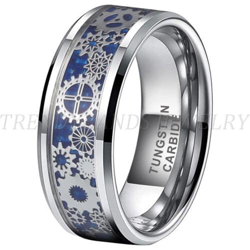 6/8MM Womens Mens Wedding Bands Tungsten Carbide Rings Gears And Blue Carbon Fiber Inlay Comfort Fit