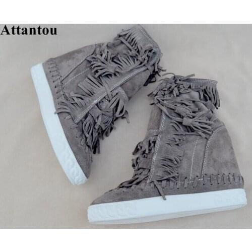 Autumn Fashion suede leather women boots height increasing wedges ankle boots lace up straped fringe decor red yellow pink color