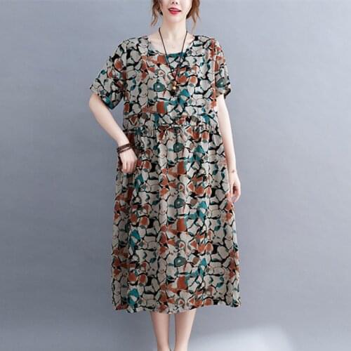 Thin Soft Cotton Linen Loose Summer Dress Print Floral Vintage Office Lady Work Dress Draw String Slim Women Casual Midi Dress