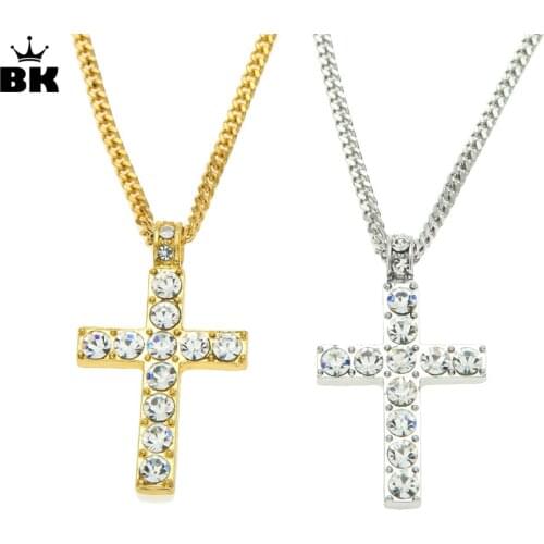 Drop Shipping Hip Hop Alloy Cross Pendant Necklace Iced Out Rhinestone Gold silver color Tone Crucifix Charm Jewelry