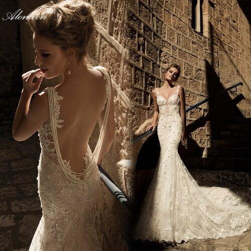 Alonlivn Customize Made Drop Beads Backless Mermaid Wedding Dress Illusion Back Spaghetti Straps Bride Gown