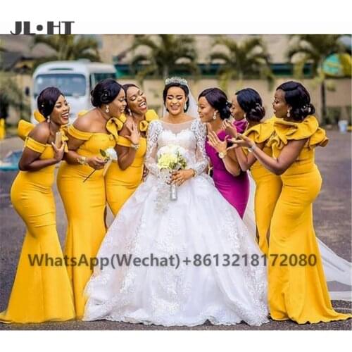 African Yellow Black Womens Wedding Party Gown Ruffles Mermaid Bridesmaid Dresses Elastic Satin Short Sleeves Bridesmaid Dress