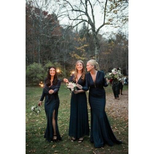 Vintage Mermaid Long Sleeve Pleated Bridesmaid Dresses with Slit Floor Length Custom Zipper Back Formal Wedding Party Dresses