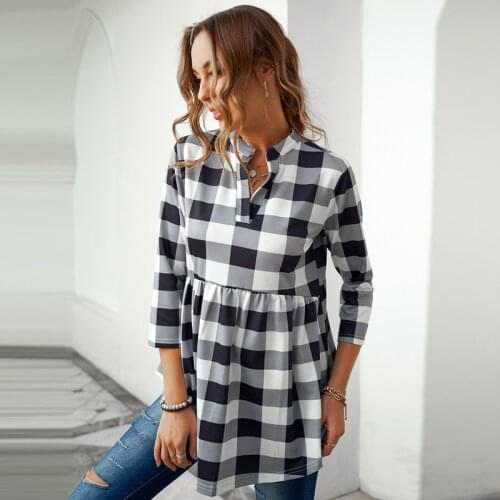 New Spring Autumn Women Long Sleeve V Neck T-Shirt Tops Collar Classic Casual Loose Plaid Print Shirt Long Shirts