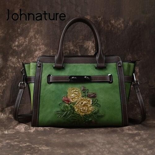 Johnature 2020 New Handmade Embossing Cow Leather Women Bag Vintage Large Capacity Ladies Handbag Shoulder Messenger Bags
